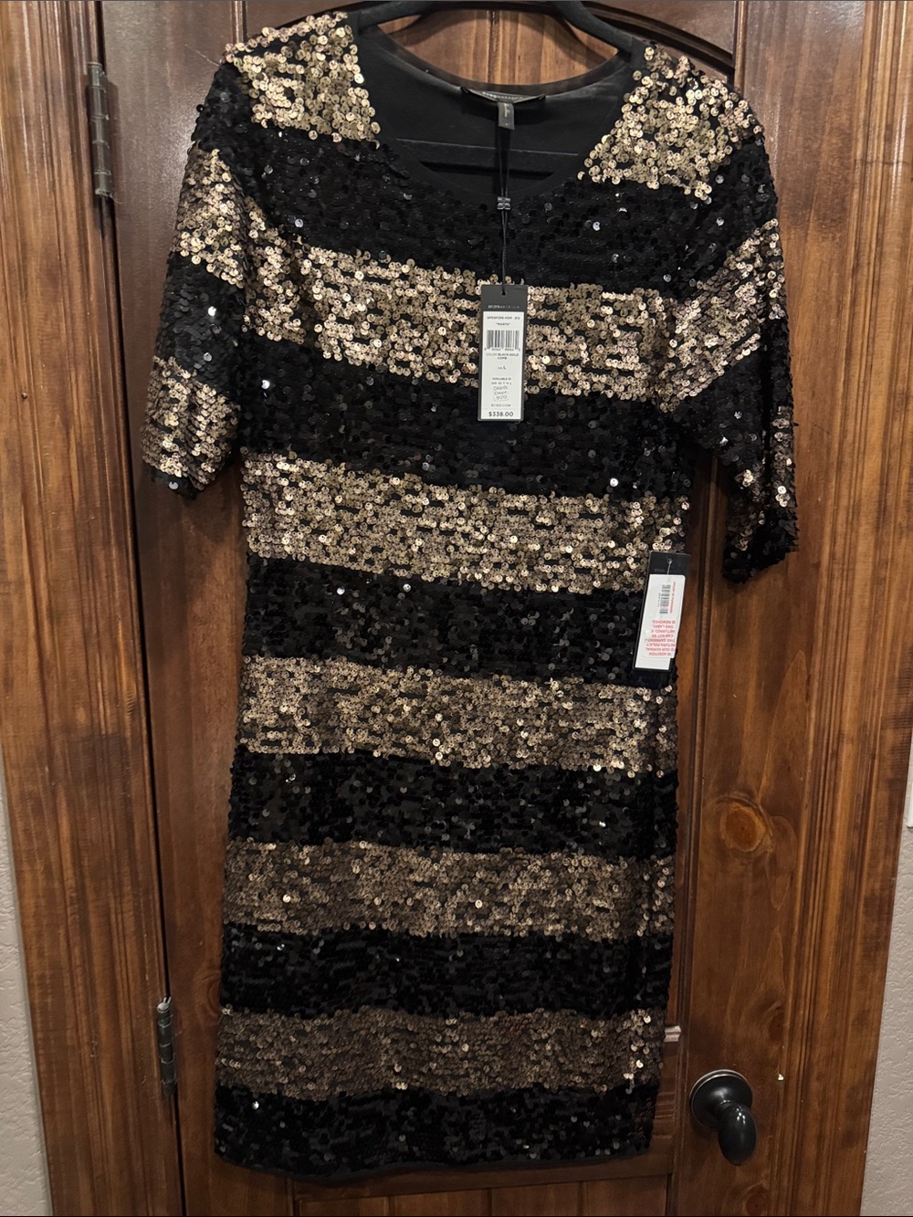 BCBGMaxAzria Black and Gold Striped Sequin Midi Dress